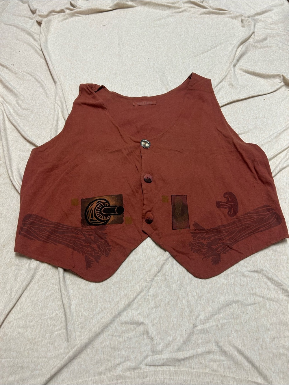 Vintage Y2K Blue Fish Vest Organic Cotton Mushroom Veggie Print OS Hand Painted